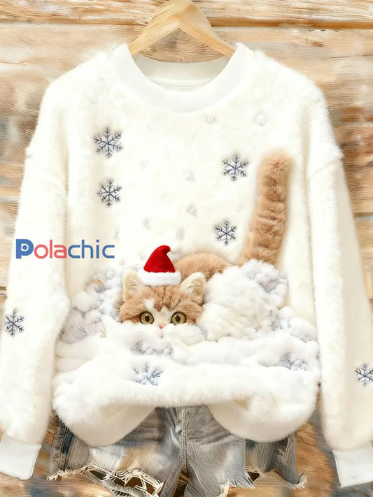 Mignon Noël Chat Art Imprimer Flanelle Casual Sweatshirt Blanc / S
