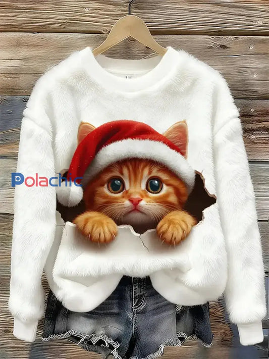 Mignon Noël Chat Art Imprimer Flanelle Casual Sweatshirt Blanc / S
