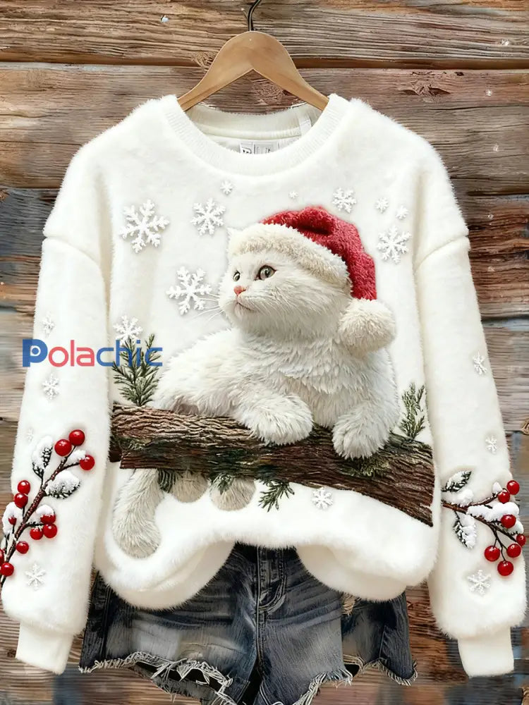 Mignon Noël Chat Art Imprimer Flanelle Casual Sweatshirt Blanc / S