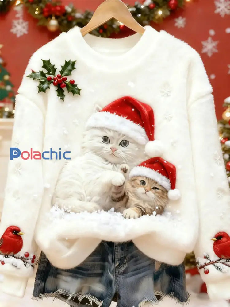 Mignon Noël Chat Art Imprimer Flanelle Casual Sweatshirt Blanc / S