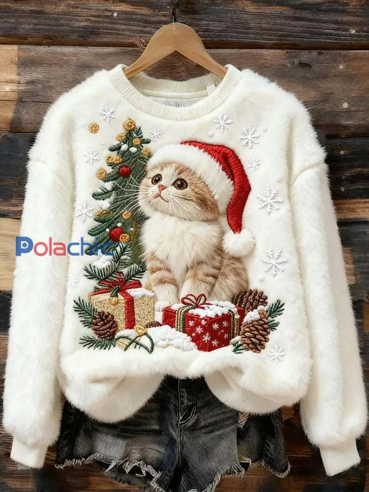 Mignon Noël Chat Art Imprimer Flanelle Casual Sweatshirt Blanc / S