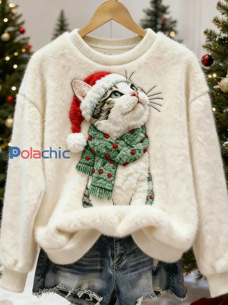 Mignon Noël Chat Art Imprimer Flanelle Casual Sweatshirt Blanc / S
