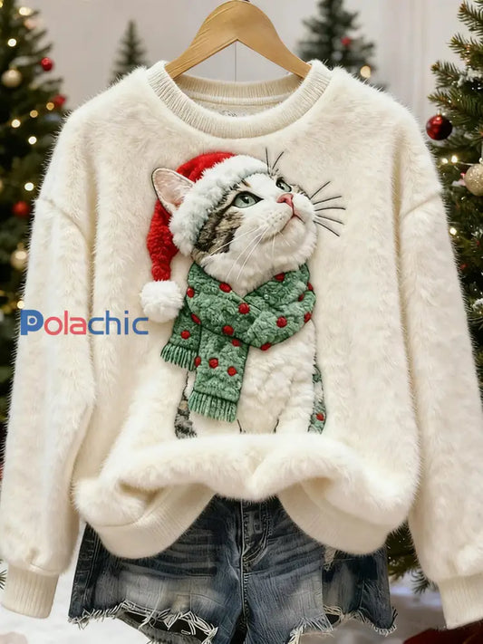 Mignon Noël Chat Art Imprimer Flanelle Casual Sweatshirt Blanc / S