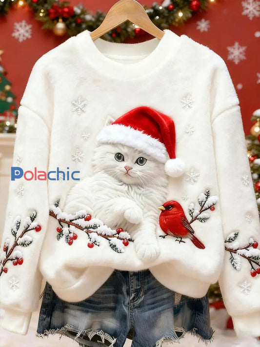 Mignon Noël Chat Art Imprimer Flanelle Casual Sweatshirt Blanc / S
