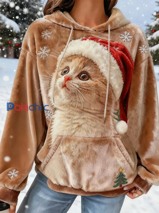 Mignon Noël Chat Art Imprimer Flanelle Casual Sweatshirt comme image / S
