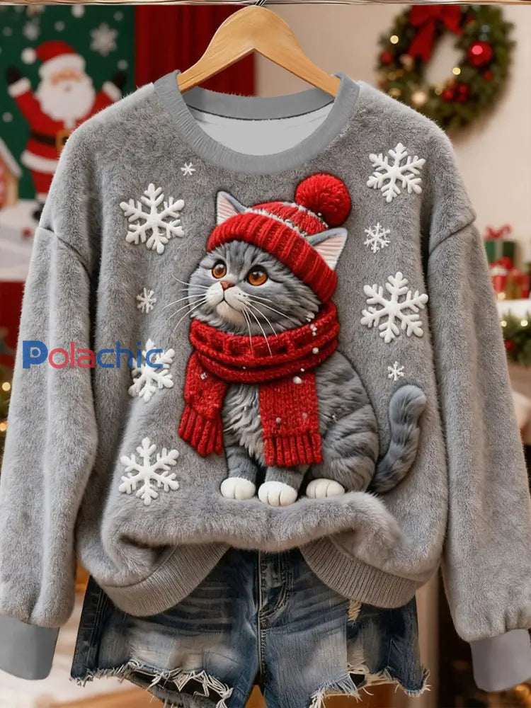 Mignon Noël Chat Art Imprimer Flanelle Casual Sweatshirt Gris / S