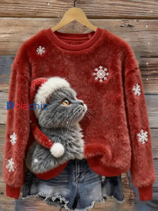 Mignon Noël Chat Art Imprimer Flanelle Casual Sweatshirt Rouge / S