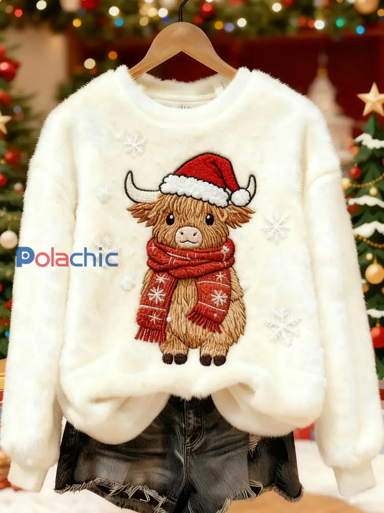 Mignon Noël Highland Cow Imprimer Flanelle Casual Sweatshirt des femmes Blanc-Crémeux / S