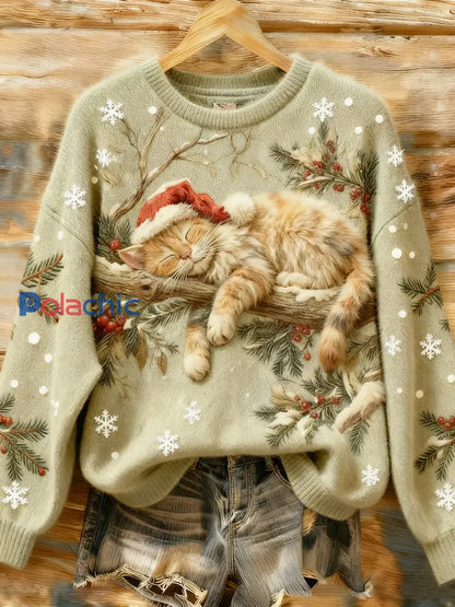 Mignon Noël Sleeping Cat Art Imprimer Sweat-shirt décontracté des femmes comme image / S