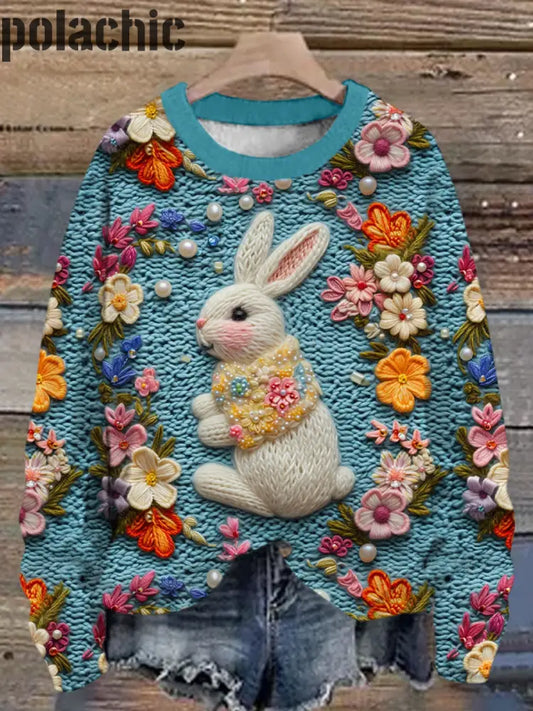 Mignon Printemps Fleur Lapin Imprimé Col Rond Casual Sweat À Manches Longues A / S