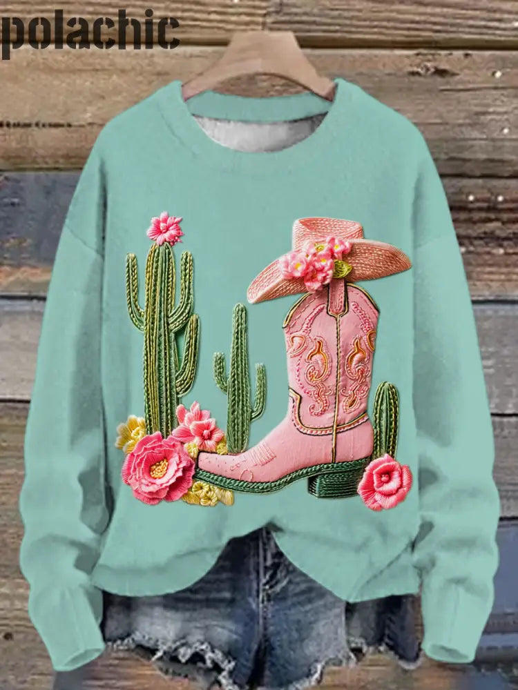 Mignon Western Rose Boot Cactus Imprimé Col Rond Casual Sweat À Manches Longues A / S