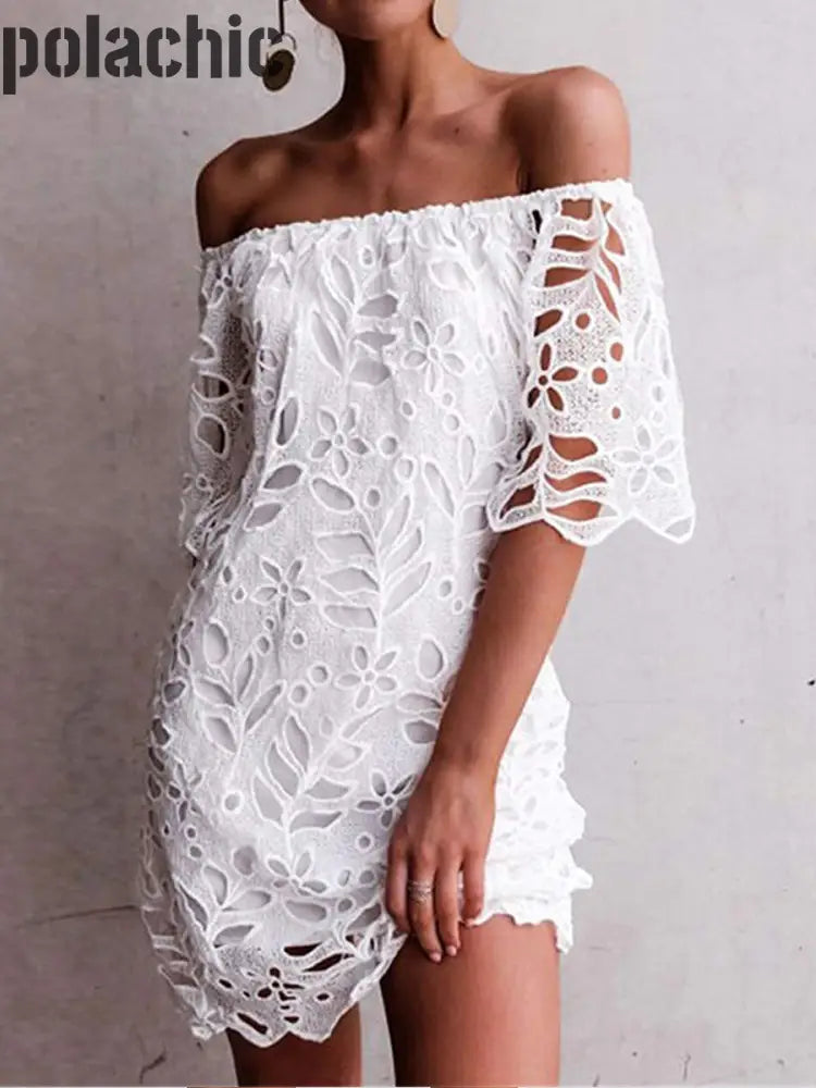 Mini Robe En Dentelle Rétro Une Épaule Pour Femmes Blanc / S