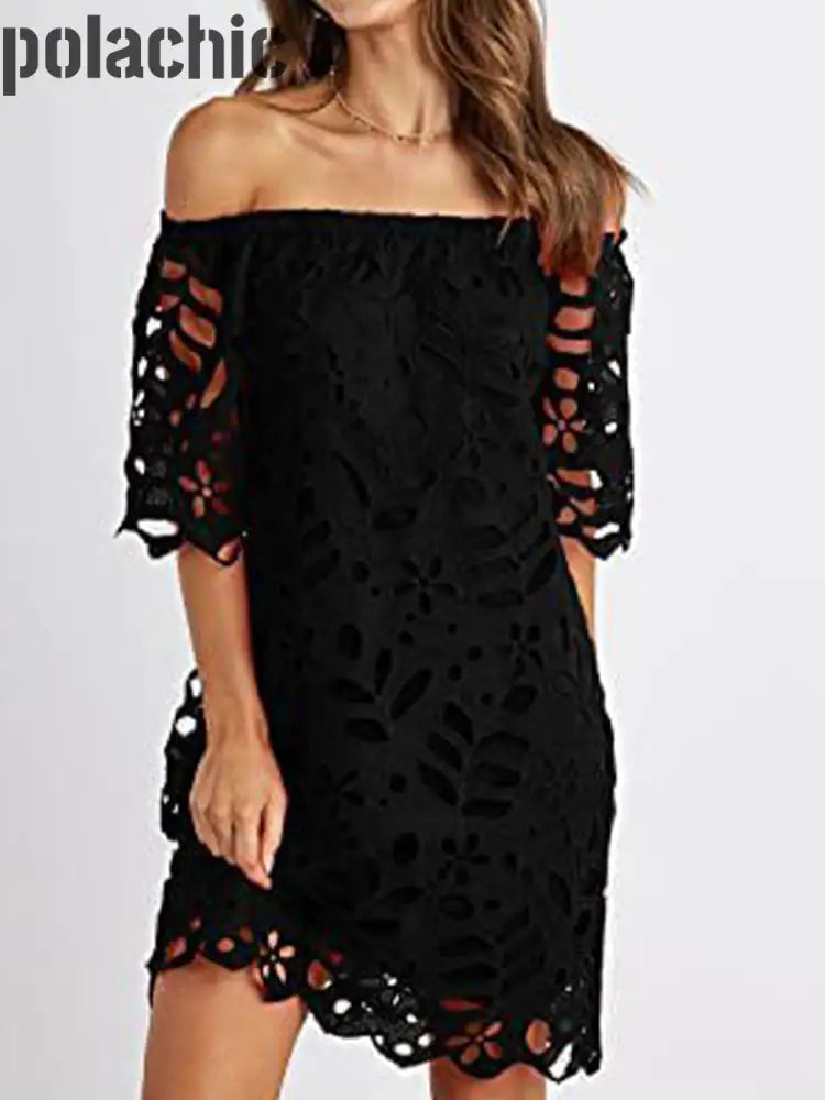 Mini Robe En Dentelle Rétro Une Épaule Pour Femmes Noir / S