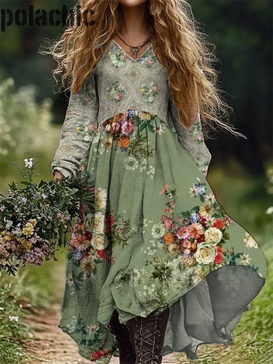 Mode Art Floral Imprimer V-Cou Manches Longues Robe Longue Des Femmes A / S