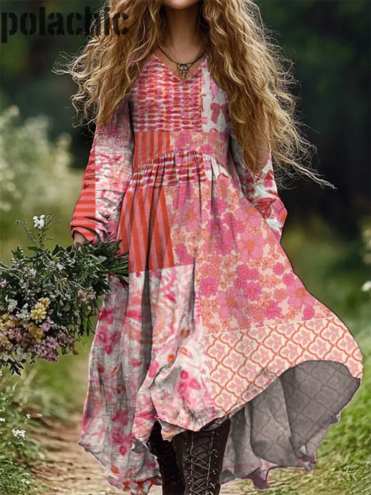 Mode Art Floral Imprimer V-Cou Manches Longues Robe Longue Des Femmes A / S