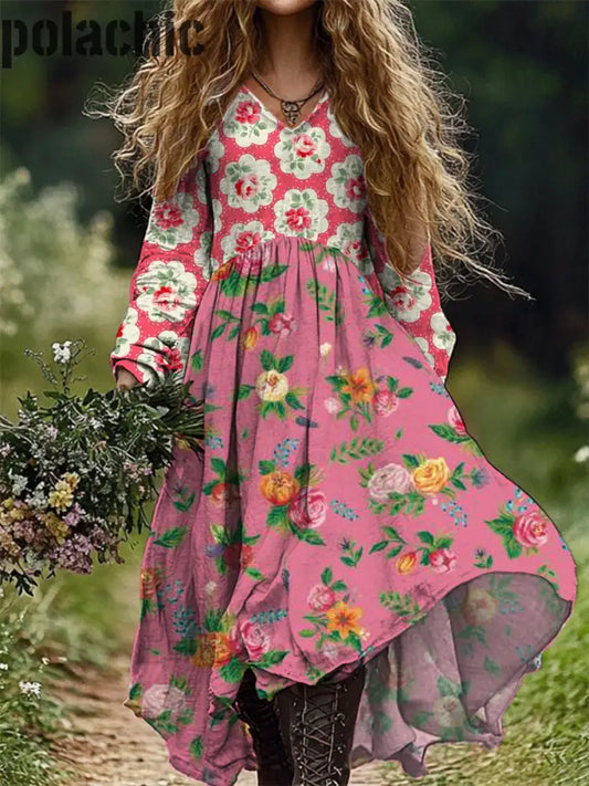 Mode Art Floral Imprimer V-Cou Manches Longues Robe Longue Des Femmes A / S