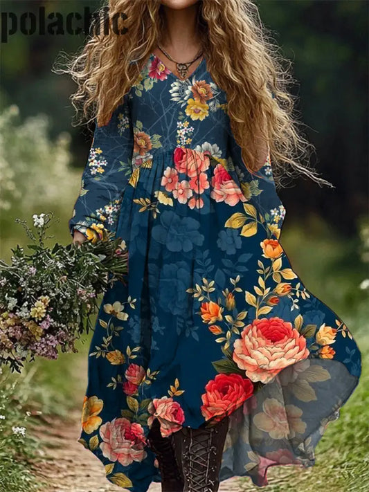 Mode Art Floral Imprimer V-Cou Manches Longues Robe Longue Des Femmes A / S