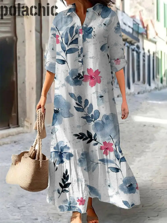 Mode Élégante Art Print Col En V À Manches Trois-Quarts Bouton Robe Longue A / S