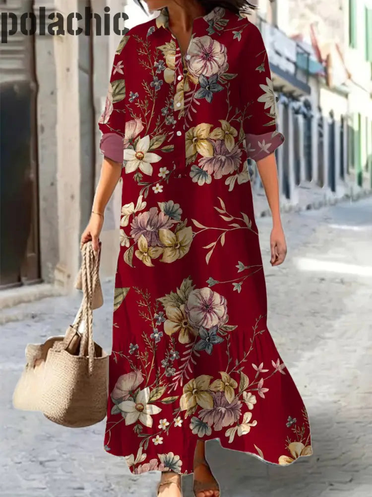 Mode Élégante Art Print Col En V À Manches Trois-Quarts Bouton Robe Longue A / S