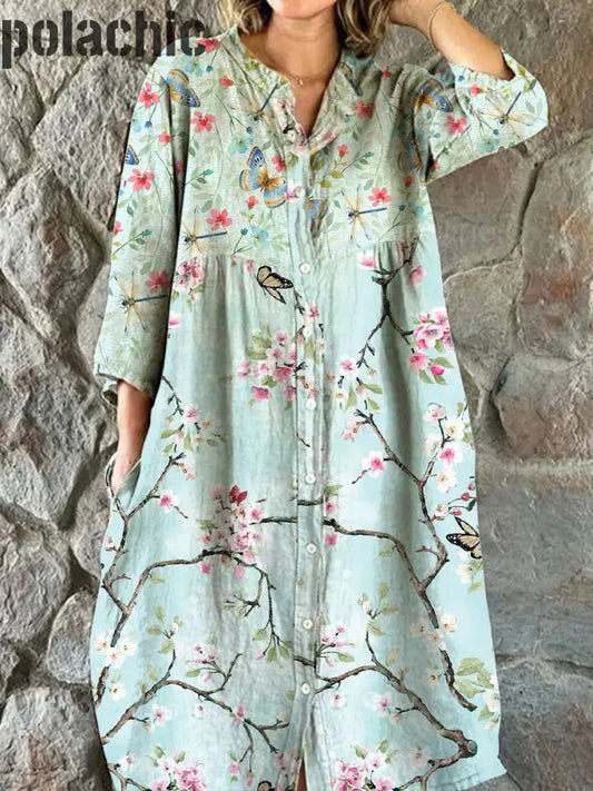 Mode Élégante Art Print V-Cou Manches Trois-Quarts Robe De Midi Des Femmes A / S