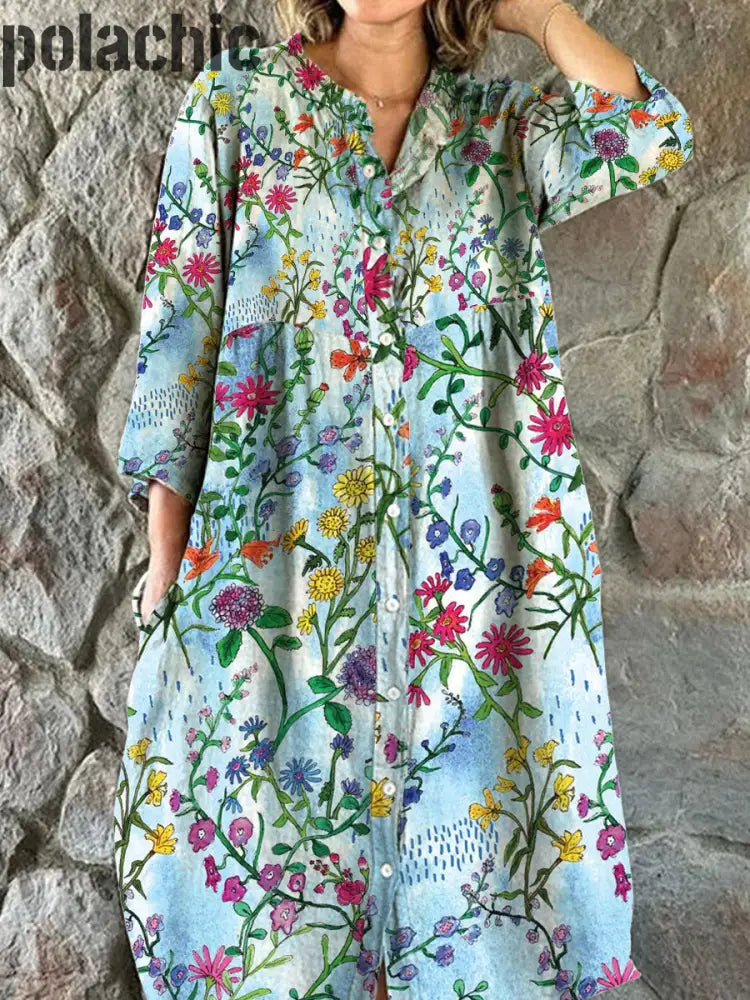 Mode Élégante Art Print V-Cou Manches Trois-Quarts Robe De Midi Des Femmes A / S