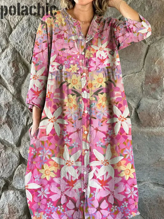 Mode Élégante Art Print V-Cou Manches Trois-Quarts Robe De Midi Des Femmes A / S