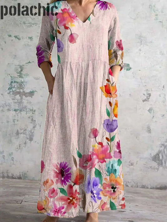Mode Élégante Art Print V-Cou Robe Longue À Manches Trois-Quarts Des Femmes A / S