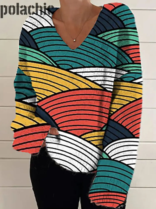 Mode Élégante Ligne De Contraste Art Print V-Neck Pull Tricoté À Manches Longues Pour Femmes A / S