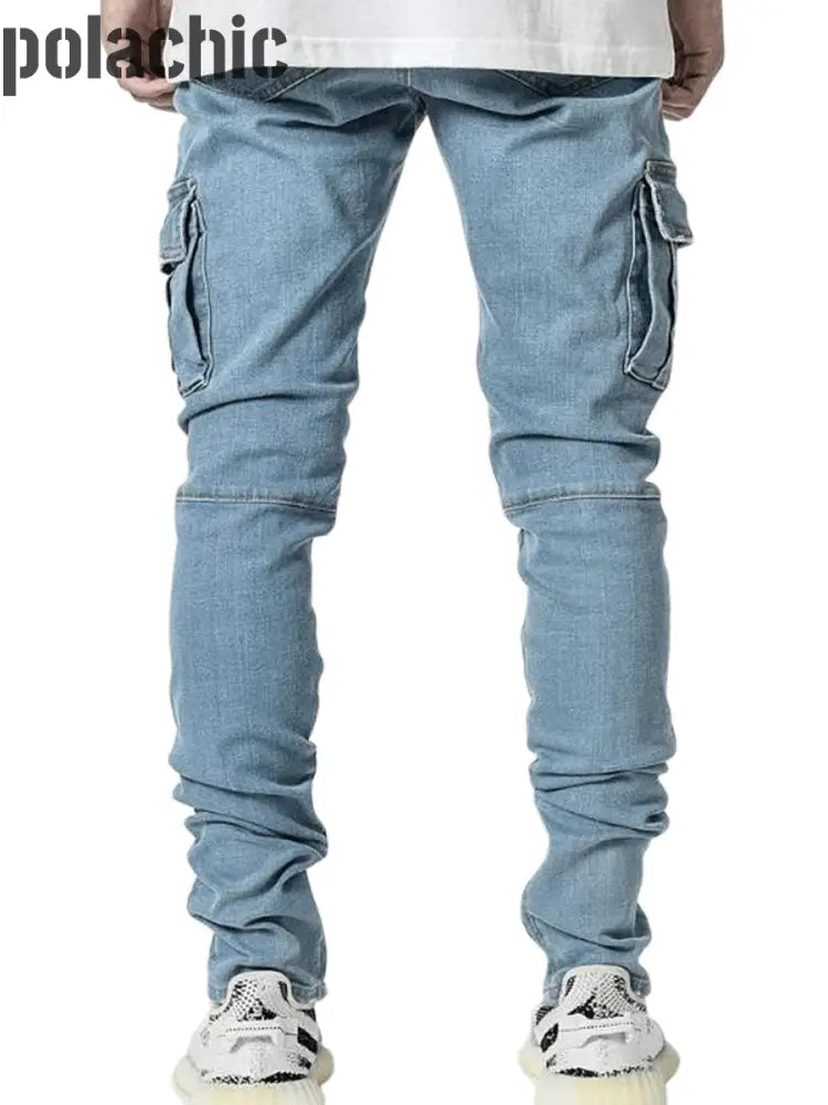 Mode Épissage Décontracté Jambe Droite Longue Mult Poche Cargo Denim Jeans