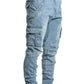 Mode Épissage Décontracté Jambe Droite Longue Mult Poche Cargo Denim Jeans Bleu Clair / S