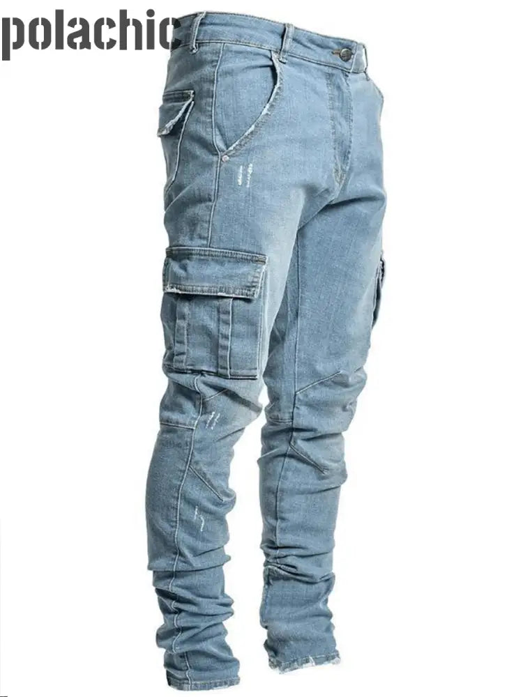 Mode Épissage Décontracté Jambe Droite Longue Mult Poche Cargo Denim Jeans Bleu Clair / S