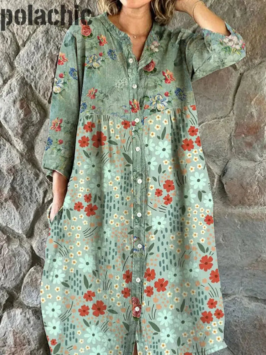 Mode Féminine Élégante Artistique Imprimé Floral Col En V Bouton Manches Trois Quarts Robe Midi