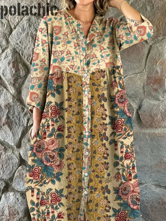 Mode Féminine Élégante Artistique Imprimé Floral Col En V Bouton Manches Trois Quarts Robe Midi