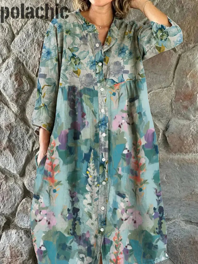 Mode Féminine Élégante Artistique Imprimé Floral Col En V Bouton Manches Trois Quarts Robe Midi