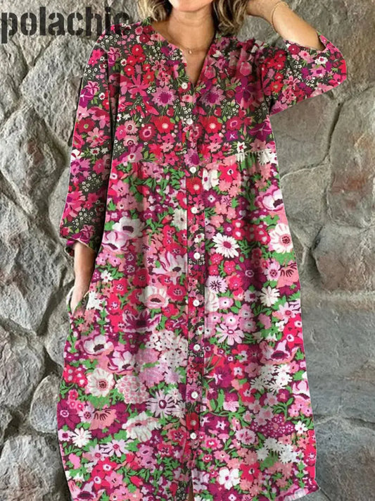 Mode Féminine Élégante Artistique Imprimé Floral Col En V Bouton Manches Trois Quarts Robe Midi