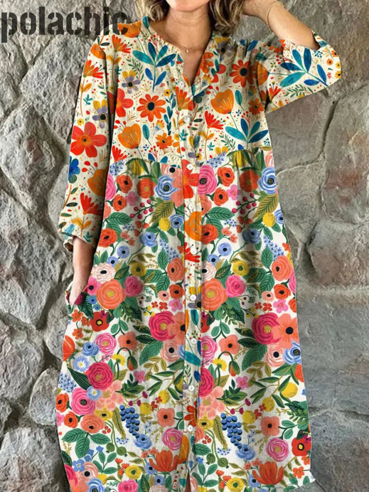 Mode Féminine Élégante Artistique Imprimé Floral Manches Trois Quarts Col En V Bouton Robe Midi