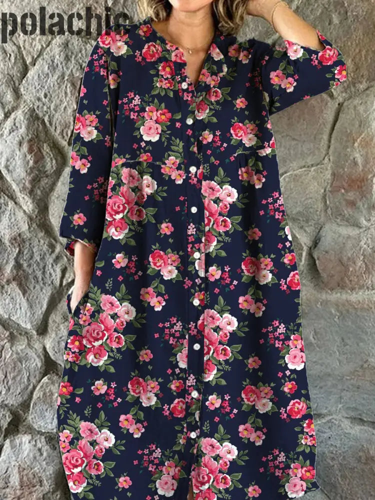 Mode Féminine Élégante Artistique Imprimé Floral Manches Trois Quarts Col En V Bouton Robe Midi