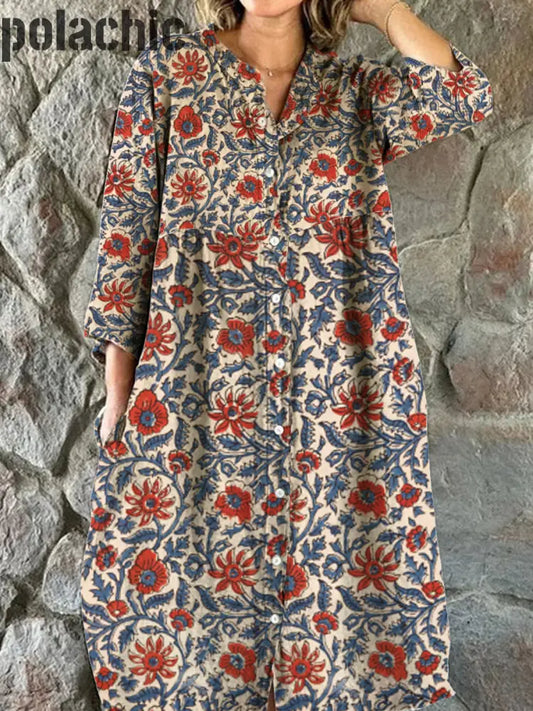 Mode Féminine Élégante Artistique Imprimé Floral Manches Trois Quarts Col En V Bouton Robe Midi