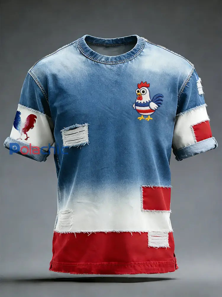 Modèle de coq drapeau français rétro Patchwork Color-Block T-shirt décontracté et confortable A / S