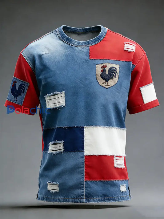 Modèle de coq drapeau français rétro Patchwork Color-Block T-shirt décontracté et confortable A / S