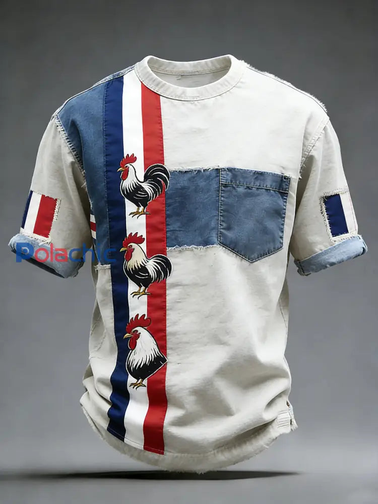 Modèle de coq drapeau français rétro Patchwork Color-Block T-shirt décontracté et confortable A / S