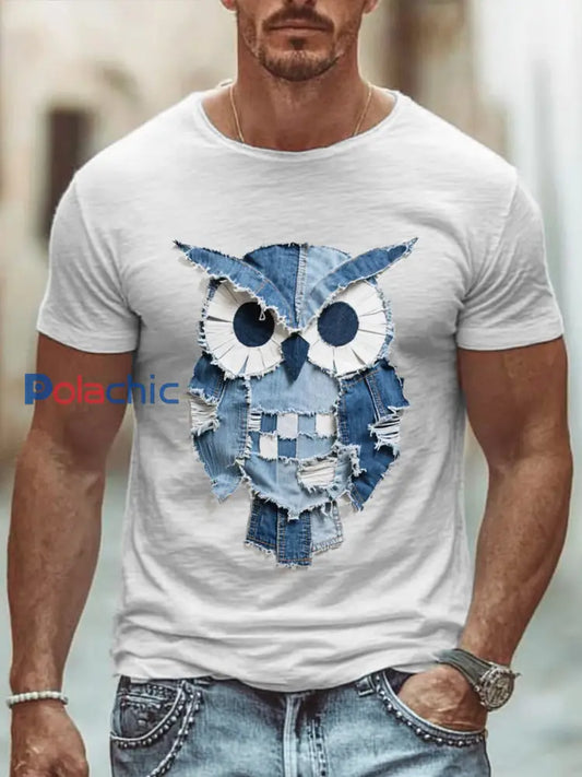 Modèle de hibou Patchwork Art T-Shirt des hommes Blanc / S