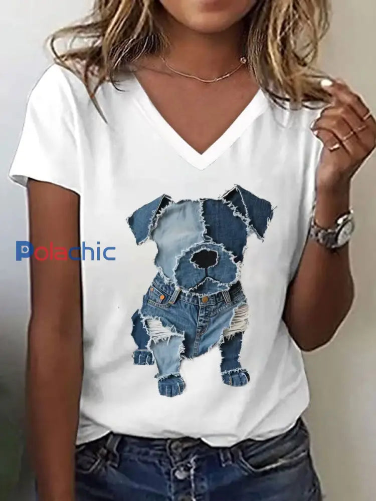 Modèle mignon de chien Patchwork Art V-Neck T-Shirt des femmes Blanc / S