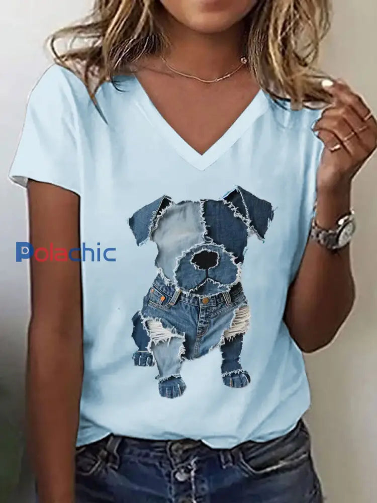 Modèle mignon de chien Patchwork Art V-Neck T-Shirt des femmes Bleu Ciel / S