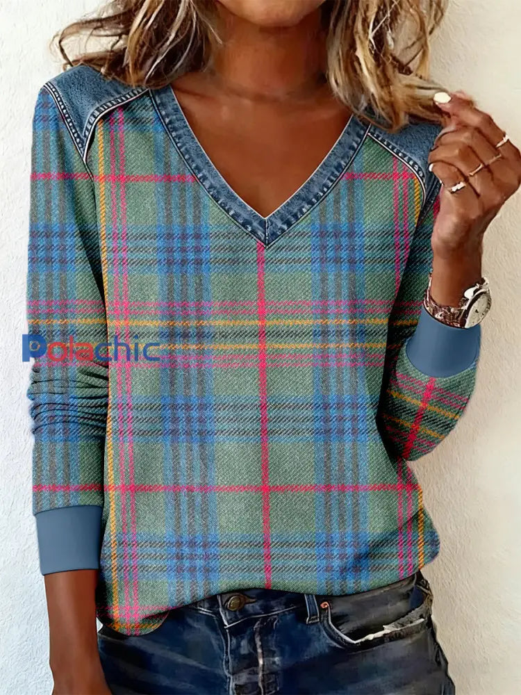 Motif à carreaux Vintage Patchwork Art V-Neck Top des femmes comme image / S