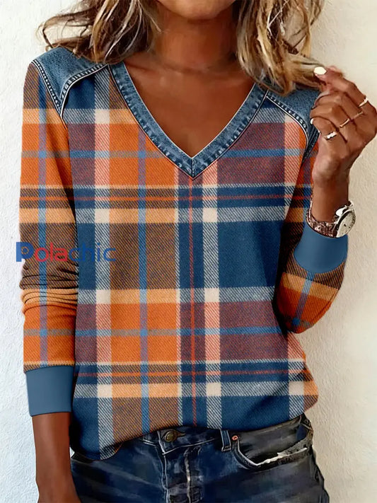 Motif à carreaux Vintage Patchwork Art V-Neck Top des femmes comme image / S