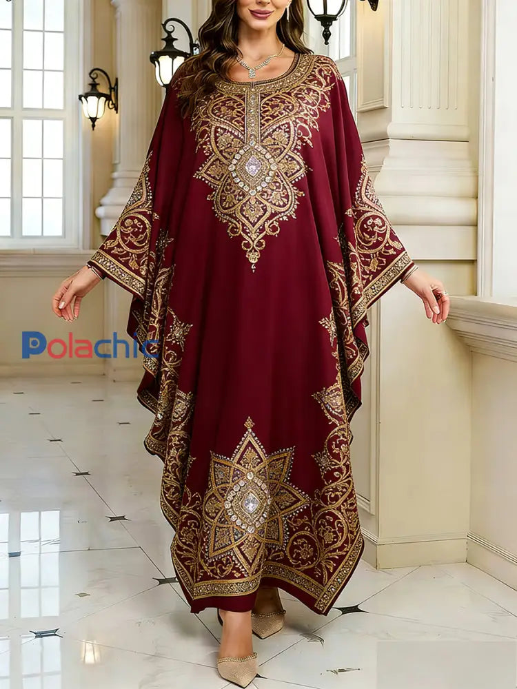 Motif artistique élégant des femmes Casual lâche Batwing manches longues Plus Size Dress A / ONE