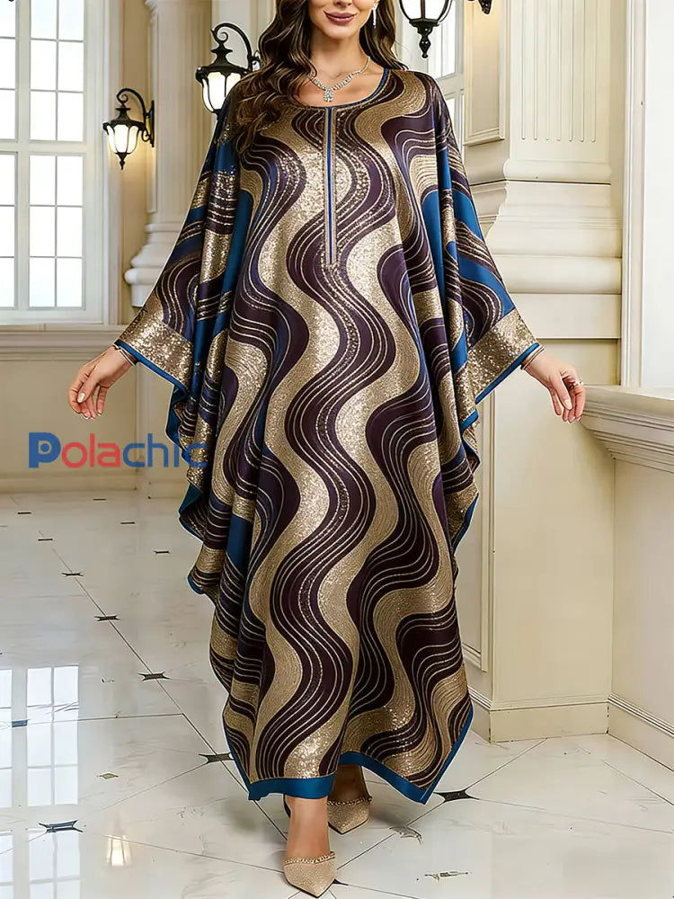 Motif artistique élégant des femmes Casual lâche Batwing manches longues Plus Size Dress A / ONE
