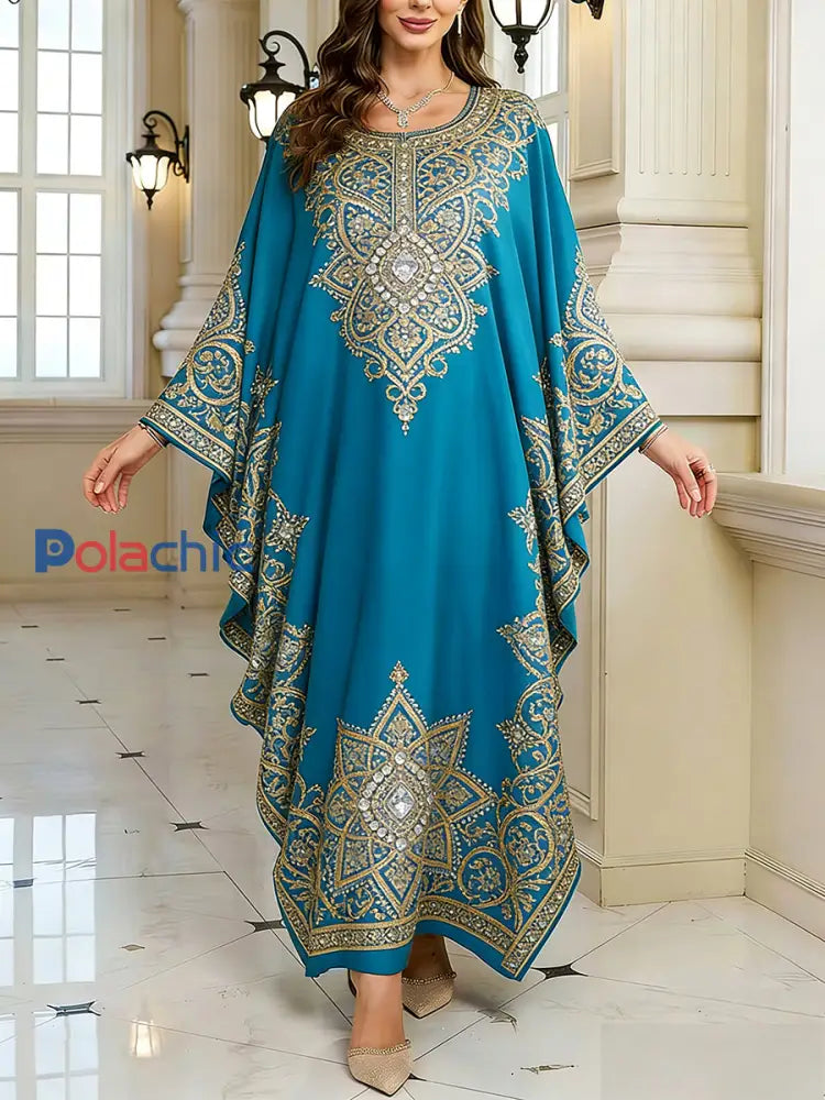 Motif artistique élégant des femmes Casual lâche Batwing manches longues Plus Size Dress A / ONE
