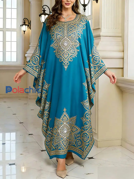 Motif artistique élégant des femmes Casual lâche Batwing manches longues Plus Size Dress A / ONE